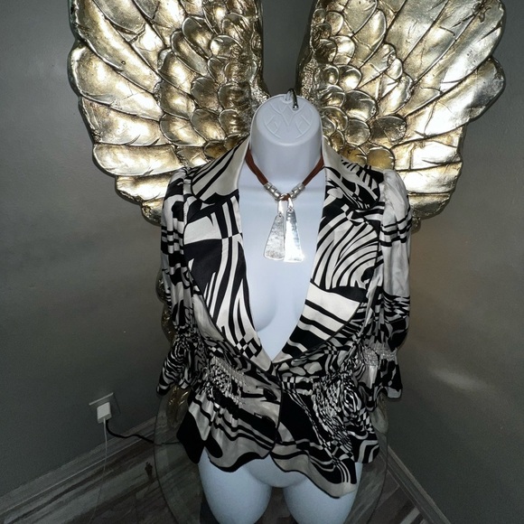 Vintage Alberto Mikali blazer, black/white 100% Silk Geometric Print, 6 - Picture 5 of 13